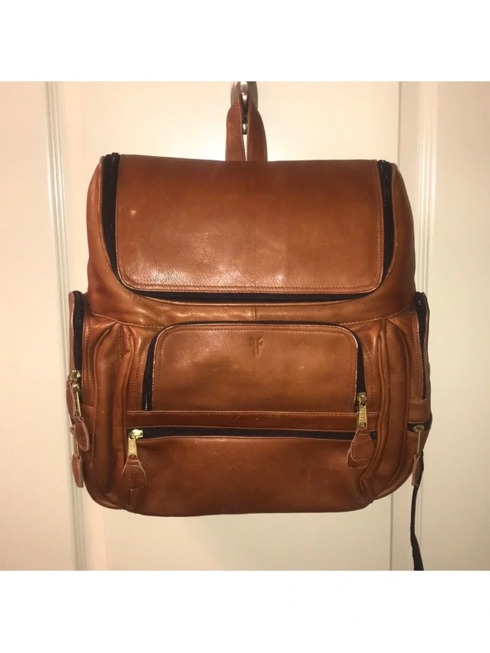 Frye vintage brown leather zippered backpack padded laptop sleeve multi pocket